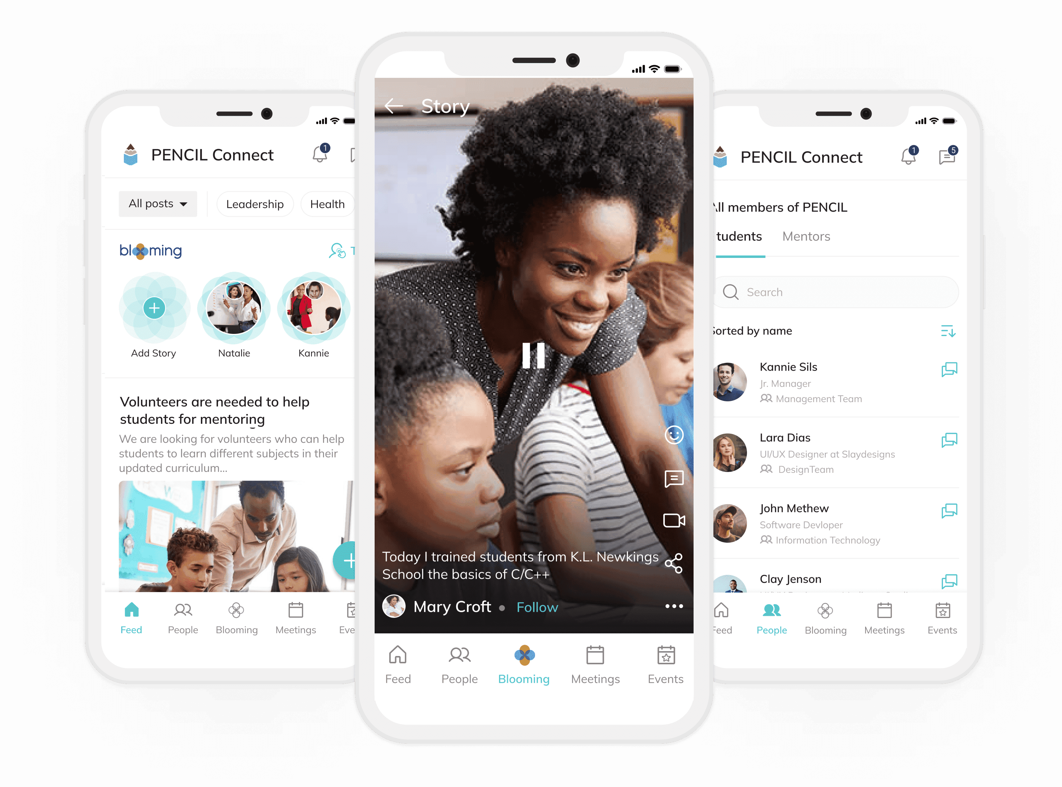 PENCIL Connect branded mobile app showing feed, stories, and people directory